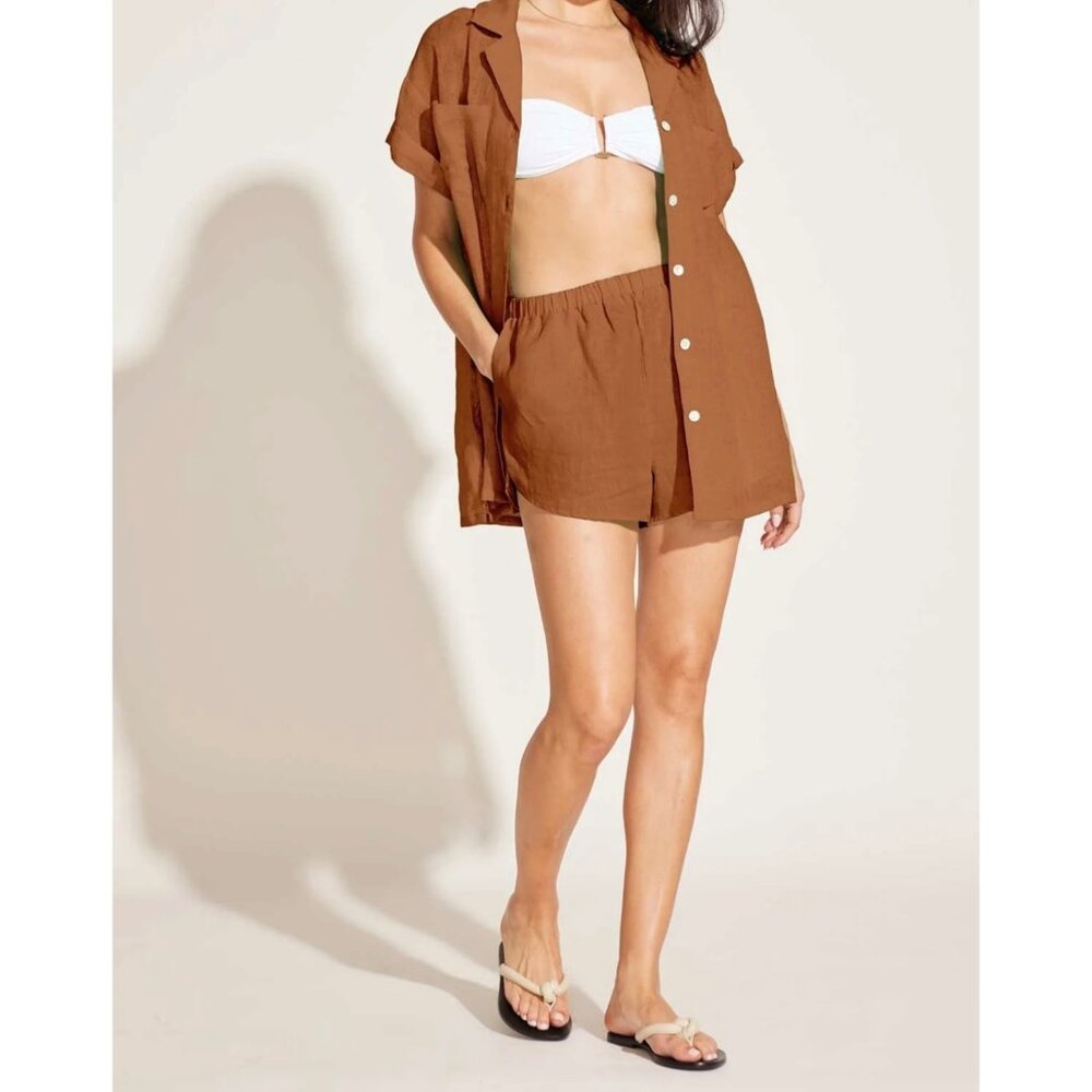 Vitamin A Linen Flat Front Shorts High Rise Lightweight Breezy Minimalist Brown